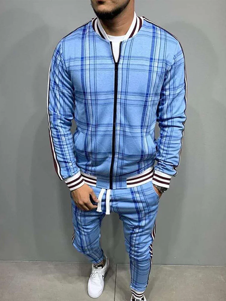 

Europe United States Cardigan Checkered Coat +Sweatpants Fashion Men's Casual Two-Piece Suit 3D Print Clothing
