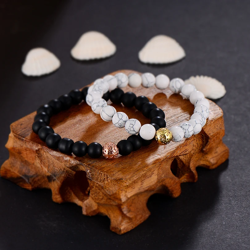 2Pcs/Set Gold Volcanic Stone Bracelet Set Women Men Jewelry Trendy White and Black Beaded Bracelets Couple Gift Pulsera Hombre | Украшения