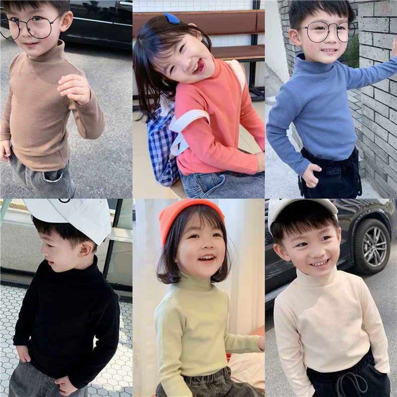 

Unisex Toddlers Long Sleeve T-shirts Korean Middle Collar Cotton Shirts For Boy Girl Kids Child's Thicken T-Shirt Autumn Winter