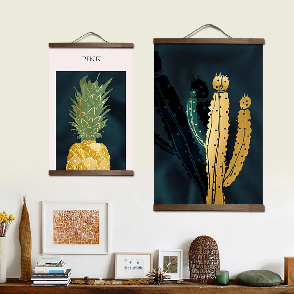 

Golden Pineapple Plant Canvas Decorative Picture Poster for Bedroom Living Room Wall Art Solid Wood Scroll Paintings Home Decor
