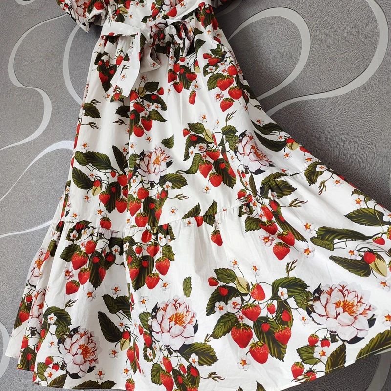 

SEQINYY 100% Cotton Dress Summer Spring New Fashion Design Women Runway High Quality Strawberry Print Puff Sleeve Casual