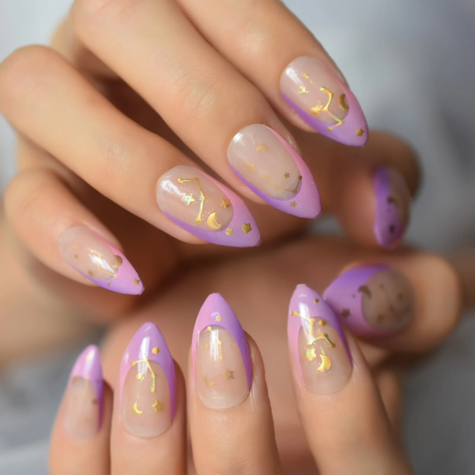 On Nails Custom Fashion Star Moon Starry Sky Almond Stiletto Fake False Nails For Women Girl