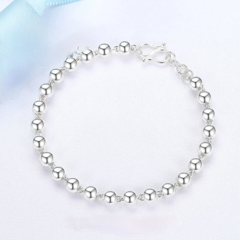 

Full silver round bead bracelet women's smooth face Buddha bead bracelet bracelet simple national style pure silver bracelet
