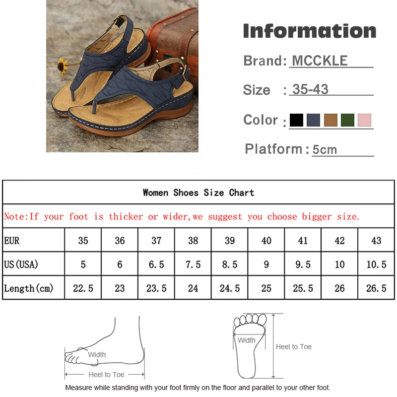 

MCCKLE Women's Sandals Ladies Clip Toe Wedges Thong Shoes 2021 Fashion Embroidery Platform Buckle Casual Female Beach Shoes