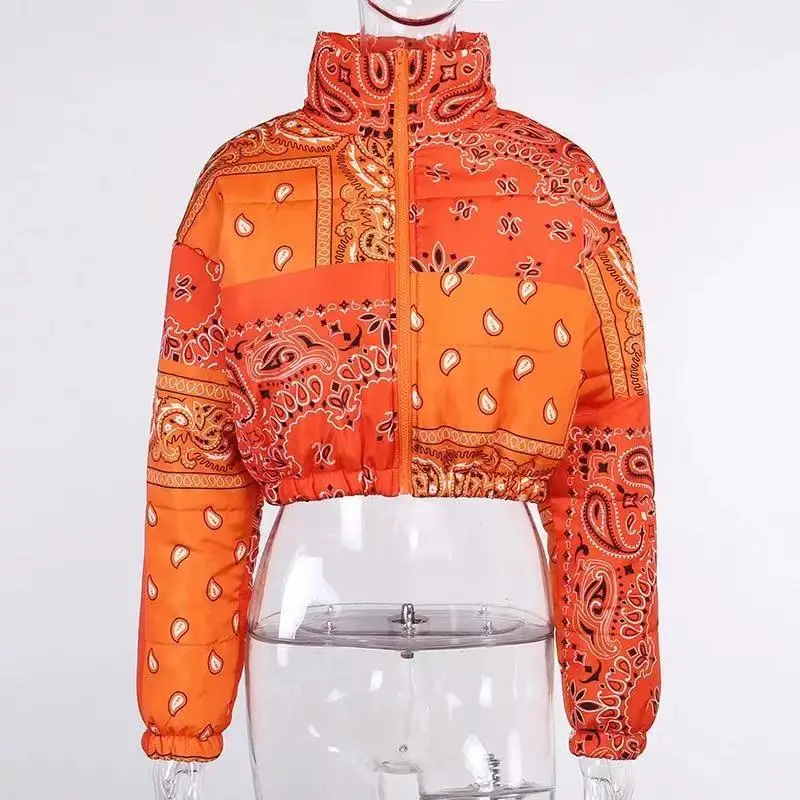 women 2021  Casual Print Puffer Bandana Jacket Winter Coat Women Fashion Clothing for Streetwear Cropped Puffer Warm Bubble Coat