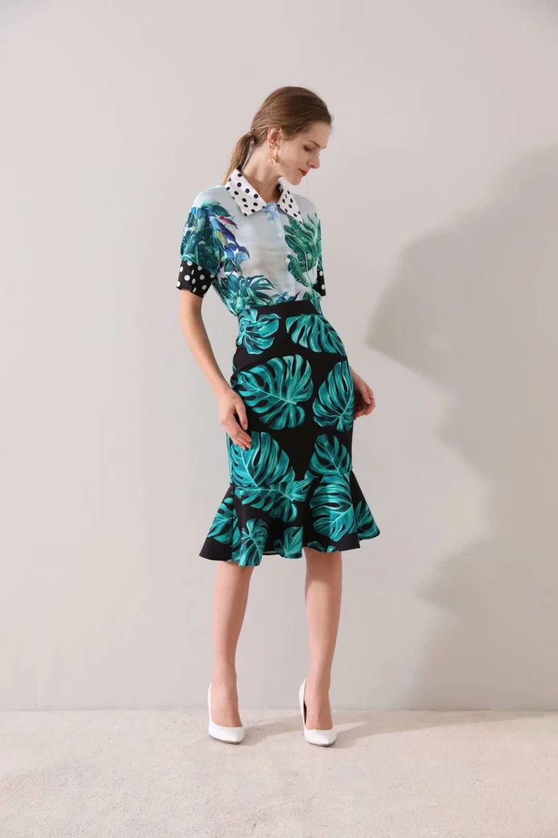 

Women's Runway Designer Twinsets Turn Down Collar Short Sleeves Shirt with Ruffles Mermaid Skirt Two Piece Dress Set Suit
