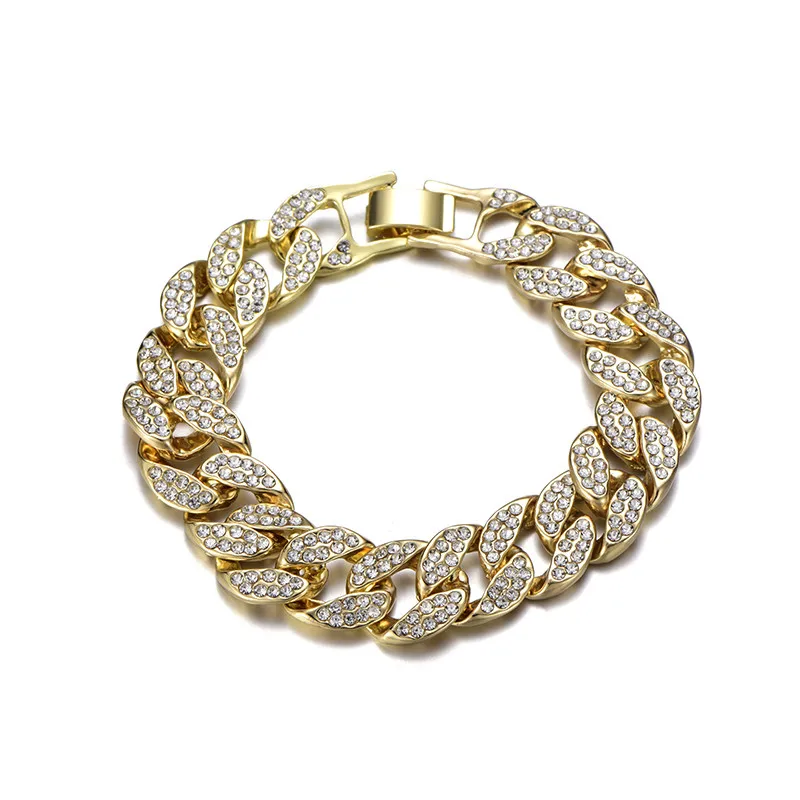Gold Bracelet Bling Iced Out кубинское звено браслет ожерелье Мужская мода персонализированные перо подарок колье из горного хрусталя Набор хип хоп ювелирные изделия - Окраска металла: Gold Bracelet