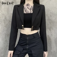 insdoit women punk casual metal chain black suit coat vintage autumn long sleeve blazer vintage harajuku streetwear cropped tops