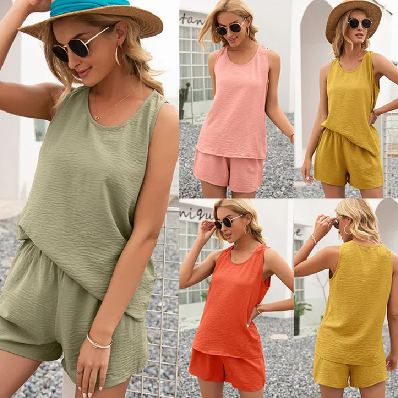 

Пижама женская летняя, с круглым вырезом, без рукавов, свободная, 2021