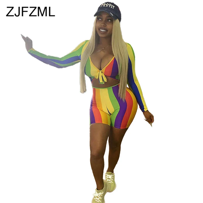 Радужный Полосатый Сексуальный спортивный костюм из 2 предметов женский