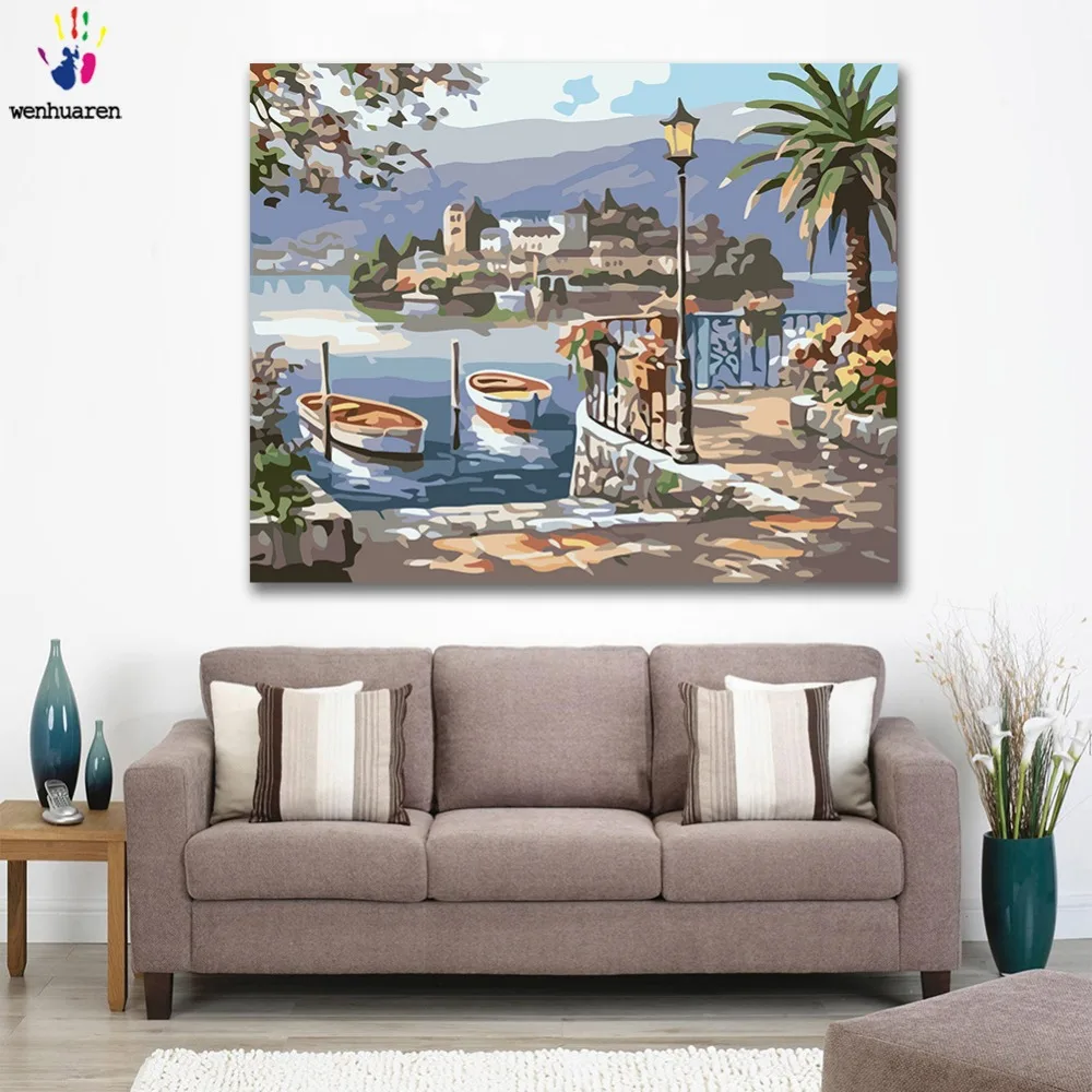 DIY картинки для раскраски по номерам маленькая лодка у порта картина Рисование