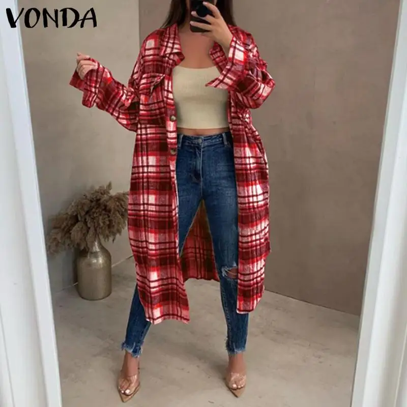 

Женская клетчатая блузка VONDA 2021, винтажная клетчатая длинная рубашка с отложным воротником, Женская Повседневная Блузка с длинным рукавом, ...