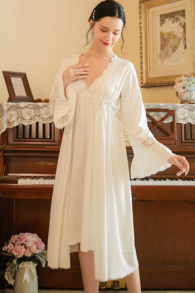 

Sexy V-neck Nightdress Lace Spring Fairy Palace Style Long Sleeve Nightdress Princess Loose Modal Robe Pajamas 2-Piece Set
