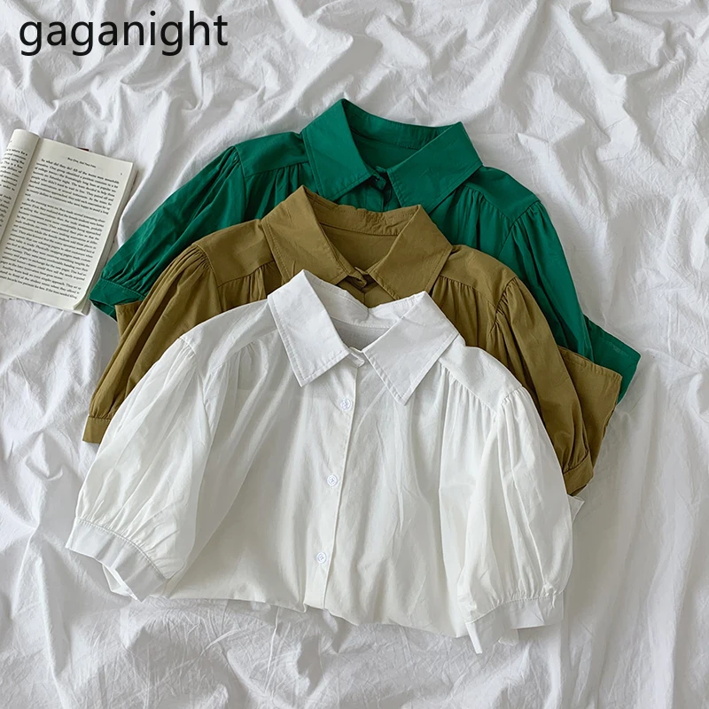 

Gaganight, Корейская женская рубашка, однотонная Повседневная Свободная блузка с короткими рукавами-фонариками и отложным воротником, одноборт...