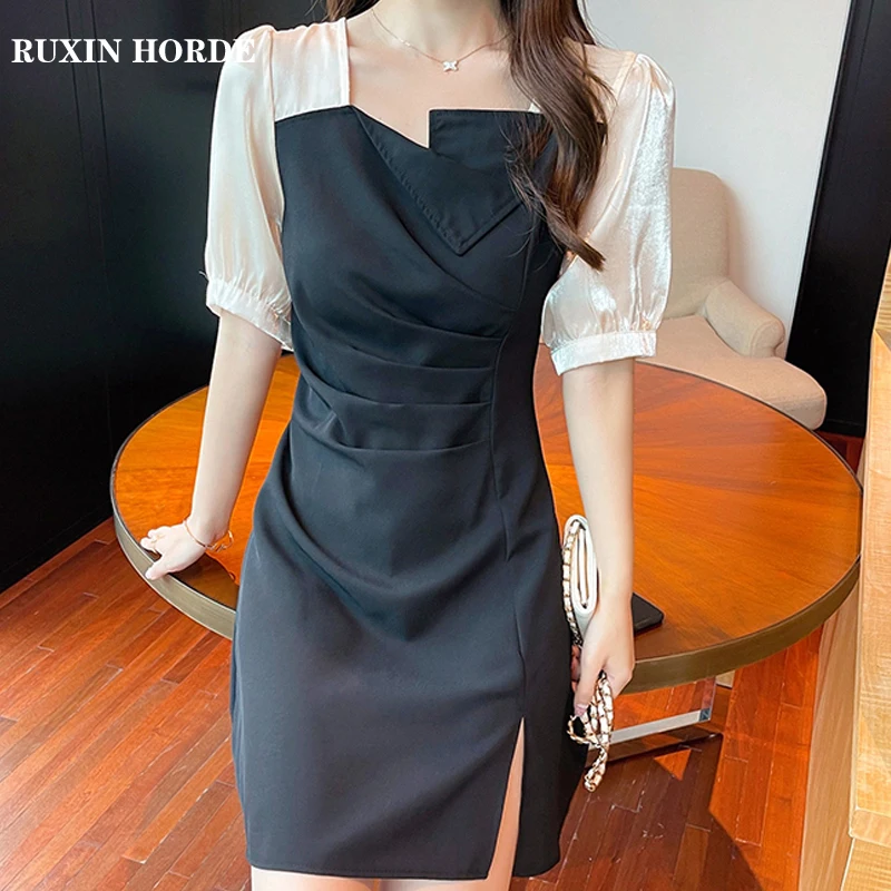 

Mini Dress Square Neck Bubble Short Sleeve Retro 2021 Summer Office Ladies Patchwork Slit Elegant Fashion Contrast Color A-Line