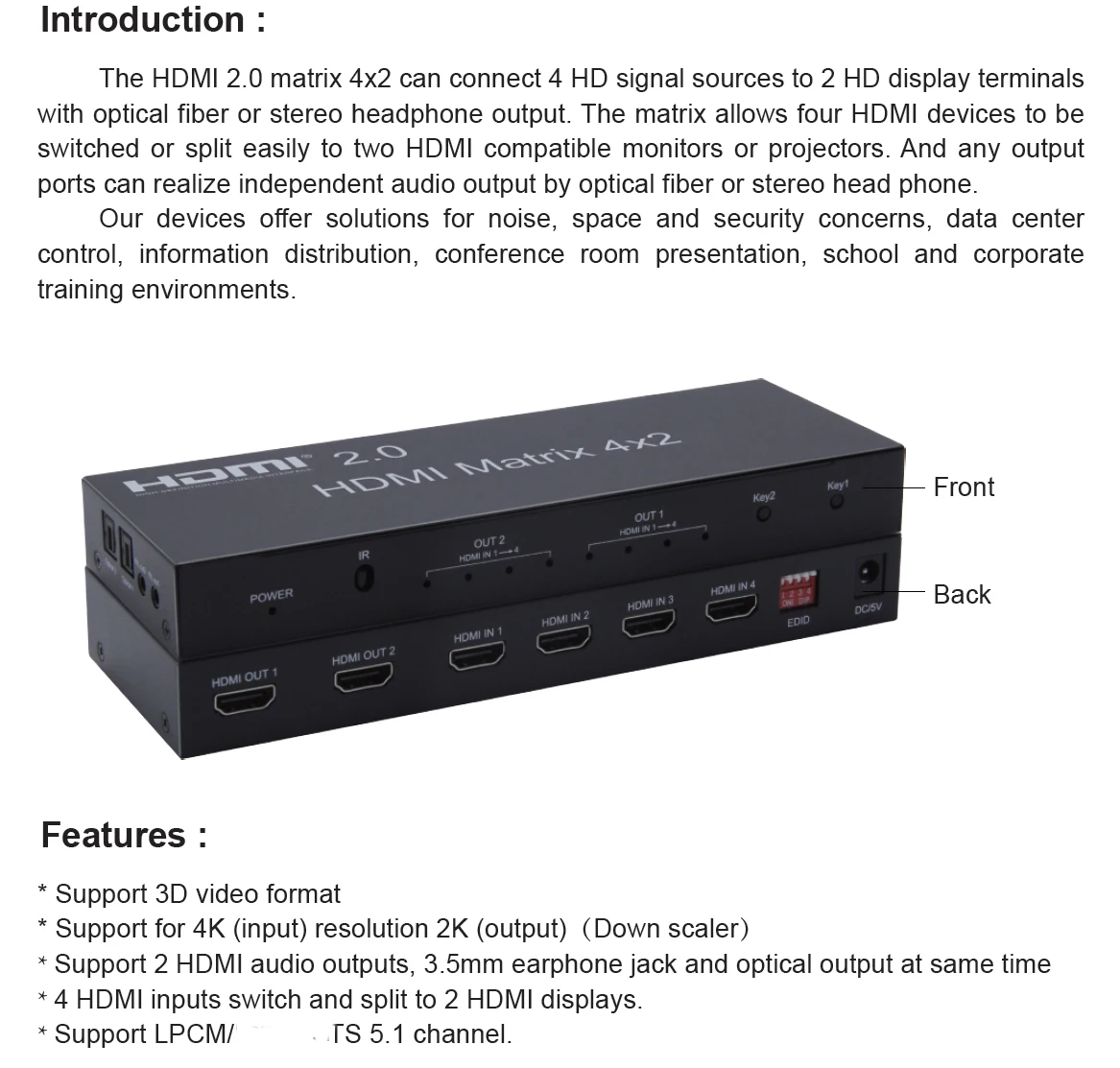 HDMI Matrix 4x2 HDMI 2,0 4K 60Hz HDMI EDID сплиттер матрицы поддержка двойного аудио выхода оптическим и стерео HDMI 2,0/3D/4 K