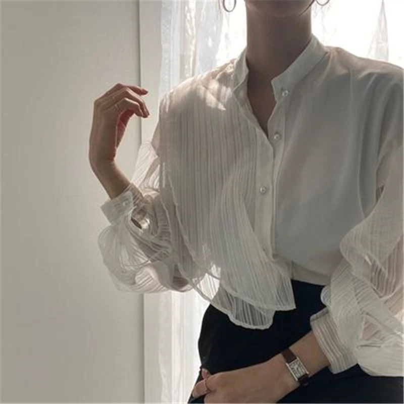 

Korean See Through Blouse Women Fashion Sexy Loose White Women's Shirt Puff Long Sleeve Mesh Blouse Elegant Clothes