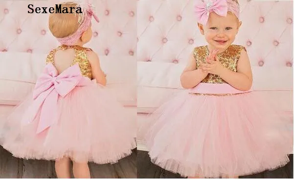 Glitter pink ball gown tutu princess baby 1 year Birthday party dresses bling Golden sequins keyhole back bow flower girl dress | Детская
