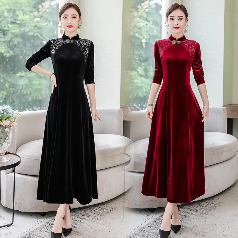 

COIGARSAM Women Dress Autumn 2021 New Office Lady Cheongsam Vintage Long Sleeve Solid Stand Neck Wine Red Black Dresses Traf