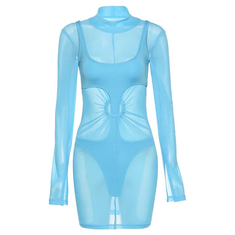 

New Flare Sleeve Mesh See Through Mini Bodycon Sexy Dress Summer Hollow Out Party ClubWear Elegant Dresses