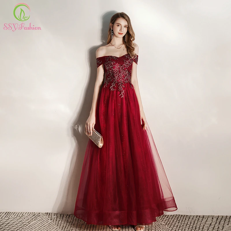 SSYFashion Новое торжественное платье женское элегантное банкетное бордовое с