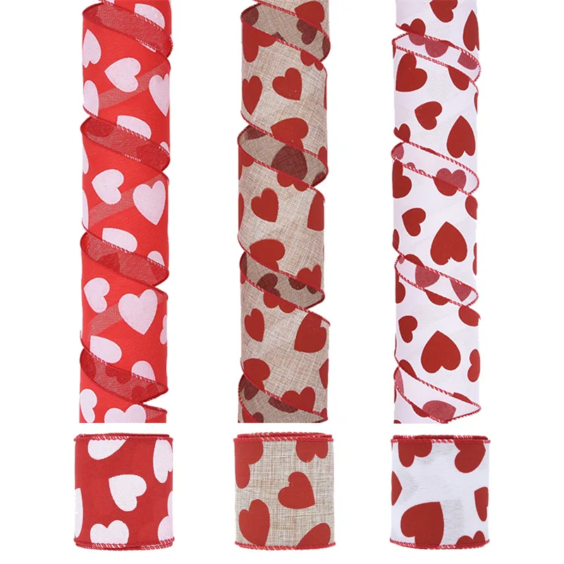 

5 Yards/Roll 63mm Valentine's Day Heart Imitation Linen Ribbon for Wreath Wedding Decoration Gift Packaging Bouquet Bow