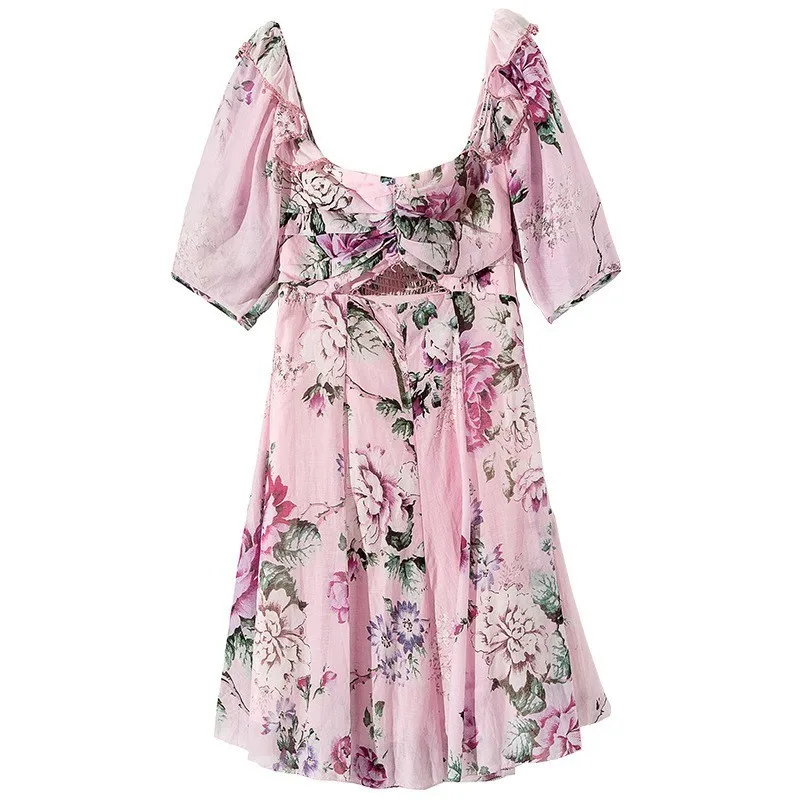 

VGH Temperament Print Dress For Women Square Collar Vintage Short Sleeve Hollow Out High Waist Mini Dresses Female Fashion Style