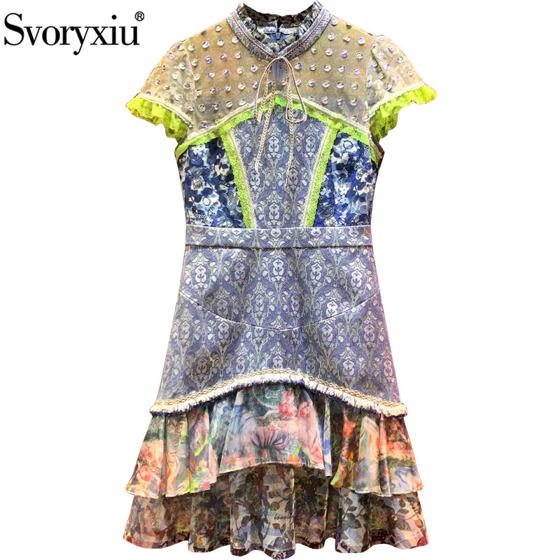

Svoryxiue Designer Brand Vintage Summer Party Mermaid Mini Dress Women's Short Sleeve Sequins Lace Print Ruffles Fashion Dress