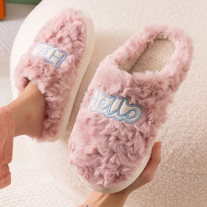 

Winter Home Cotton Warm Slippers Women Men Fur Shoes Cute Non-slip Soft Sole Indoor Bedroom House Female Couples Furry Slides