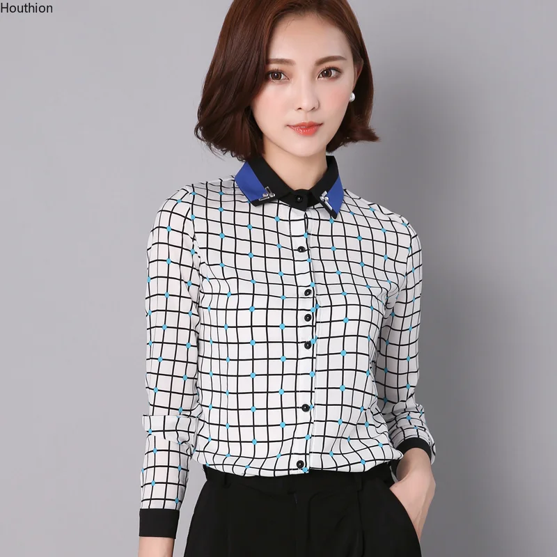 

Polo Shirt Chiffon Slim Women's Blouses Fashion Lattice Buttons Long Sleeve Top New Casual Blouse Spring/autumn Houthion