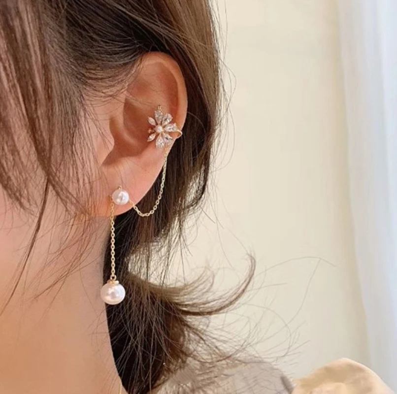 

Fashion pearl chain earrings rhinestone flower ear clip earrings fairy earrings women elegant earrings jewelry