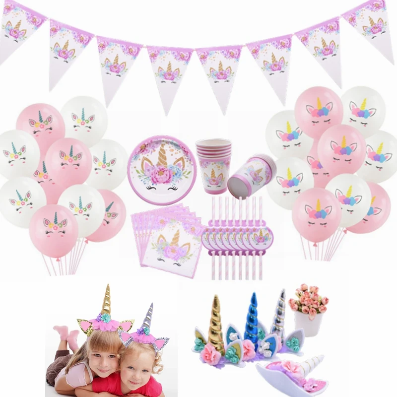 Единорог День Рождения украшения одноразовый набор столовых приборов воздушные