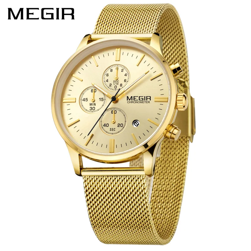 Часы MEGIR мужские из нержавеющей стали золотые кварцевые светящиеся