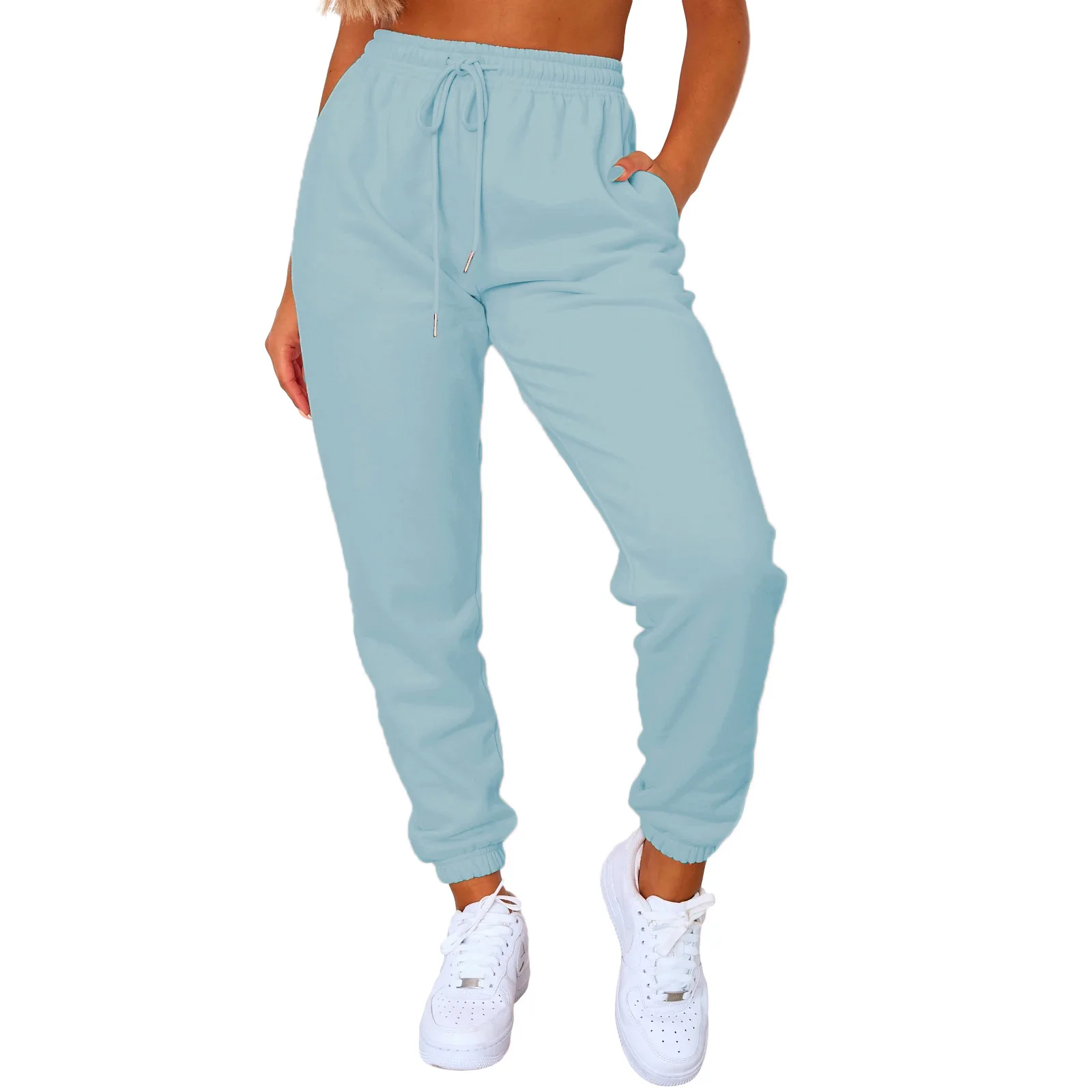 

WEPBEL Solid Color Loose Trousers Spring Summer Pockets Trousers Women's Casual High Waist Lace-up Sports Pencil Pants