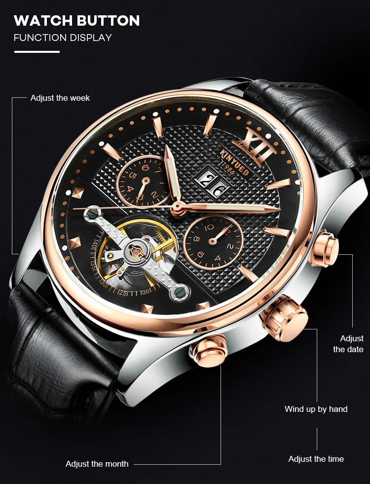 Новые KINYUED швейцарские автоматические Tourbillon механические часы многофункциональные водонепроницаемые светящиеся кожаные мужские автоматические часы