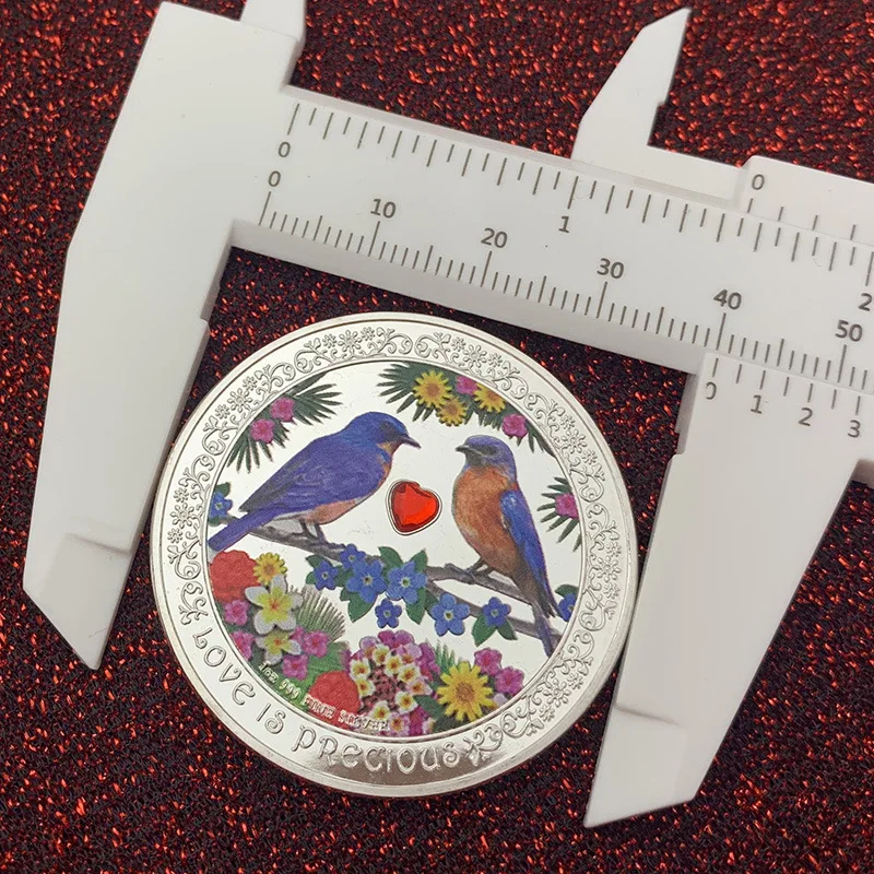 Coins Love Birds Lucky Heart Diamond Commemorative Collection Art Gift cute Colorful Silver plated Coin for girl free shipping | Украшения