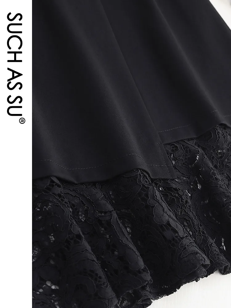 

Splice Knit Lace Skirt Women 2021 New Spring Summer Black High Waist A-LINE Skirt S-3XL Size Office Lady Knee-Length Skirt 9627