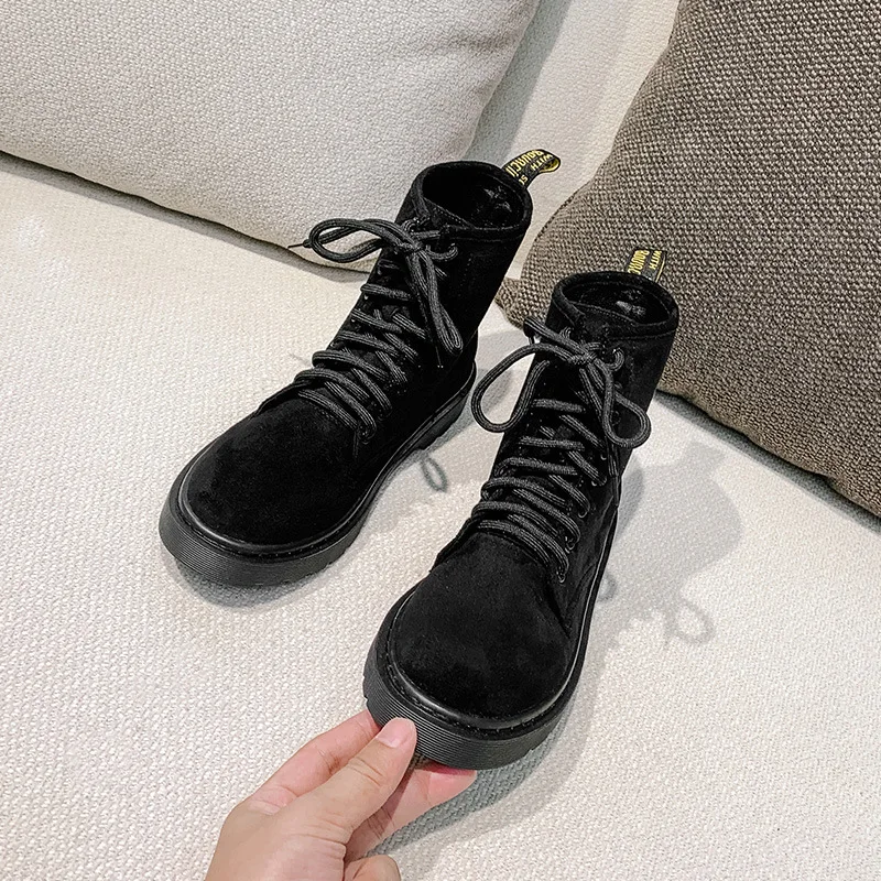 

British style women's boots autumn and winter new lace-up suede Martin boots thick heel mid-tube black short boots promotion