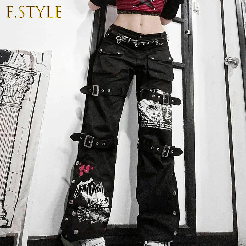

Gothic Bandage Streetwear Women Baggy Jeans Aesthetic Harajuku Y2K Print Black Denim Trousers Academia Hight Waist Cargo Pants