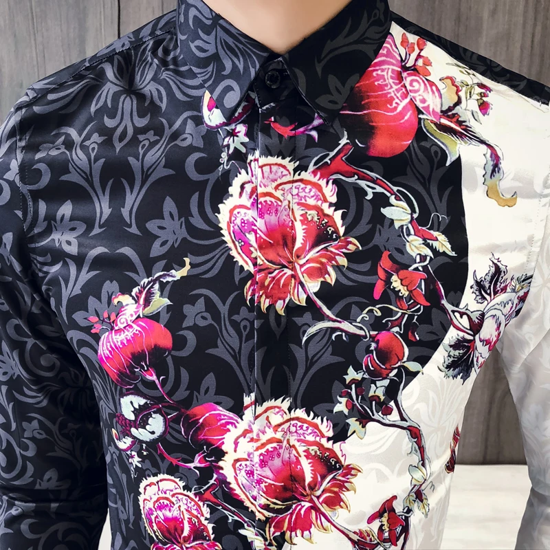 Рубашка с принтом роз весна 2020 мужская приталенная элегантная рубашка длинным