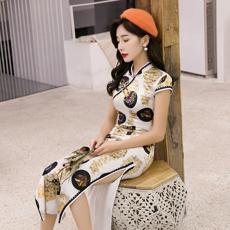 

Sexy Lace Trim Lady Banquet Dress Mandarin Collar Long Qipao Traditional Chinese Short Sleeve Flower Printed Cheongsam