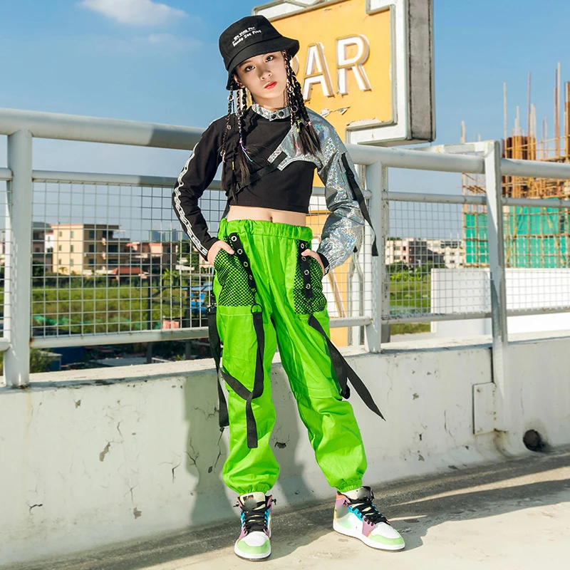 

Новинка 2021, костюмы для бальных танцев в стиле хип-хоп для девочек, модные флуоресцентные зеленые брюки с одним рукавом, одежда для уличных д...