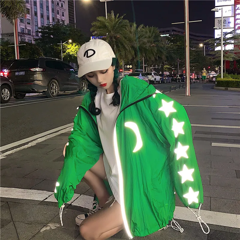 Hoodies Women Harajuku Oversized Outerwear &amp Coats Reflective Moon Stars Printed Loose Casual Hooded Swaetshirt Sun Protection |