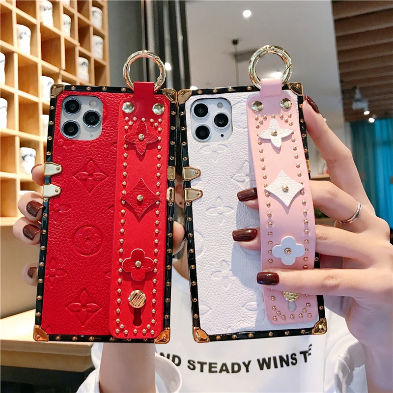 Ремешок на запястье из натуральной кожи, чехол для телефона для iPhone 11 pro XS Max X XR 8 7 6 Plus, роскошная квадратная задняя крышка с заклепками