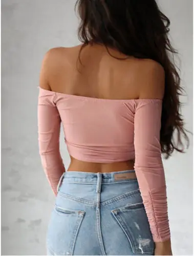 Женская Облегающая рубашка с открытыми плечами укороченный Топ длинным рукавом