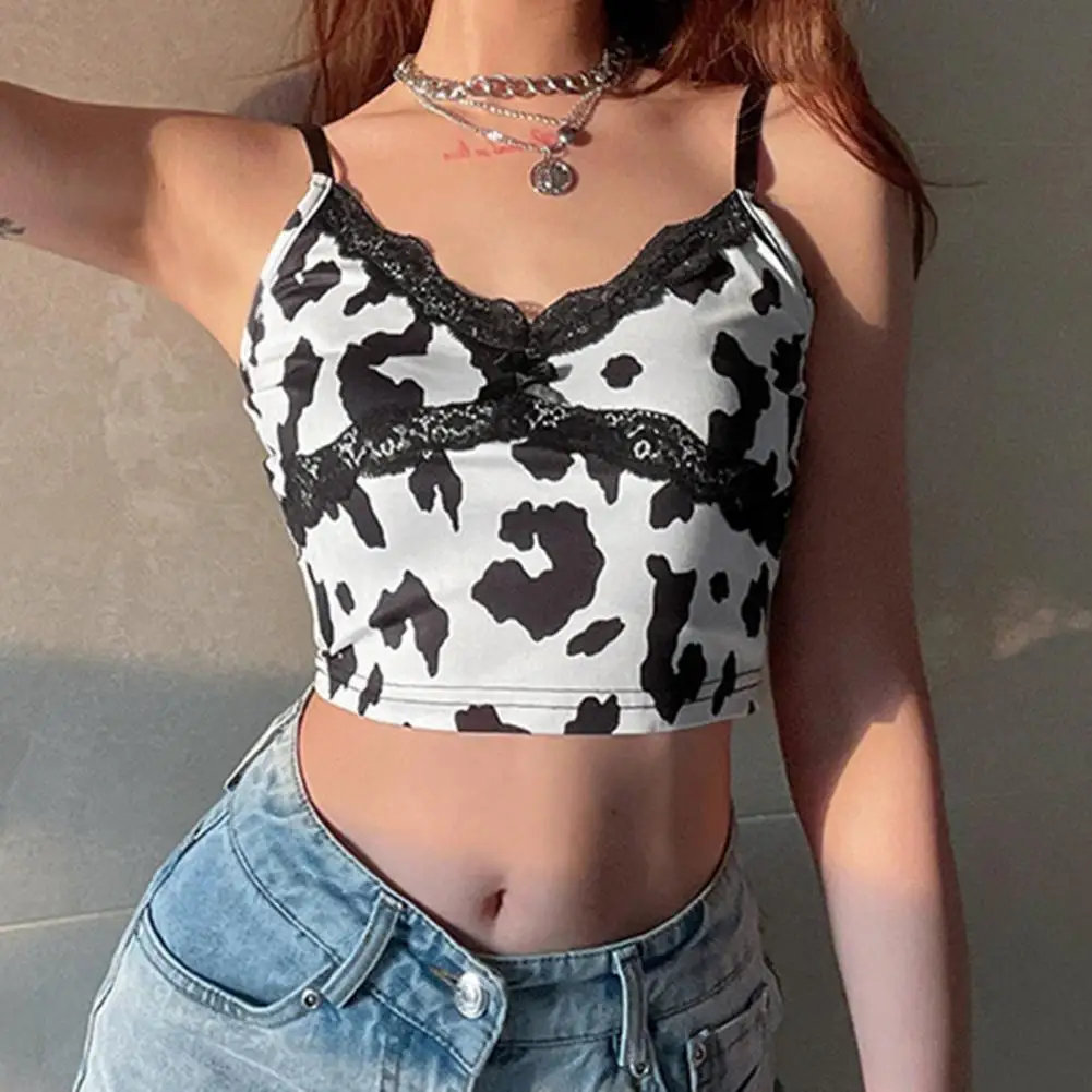 80%HOTCow Print Women Top Lace Stitching Backless Sleeveless Sling V-neck Crop Top Club Wear calico print bardot crop top