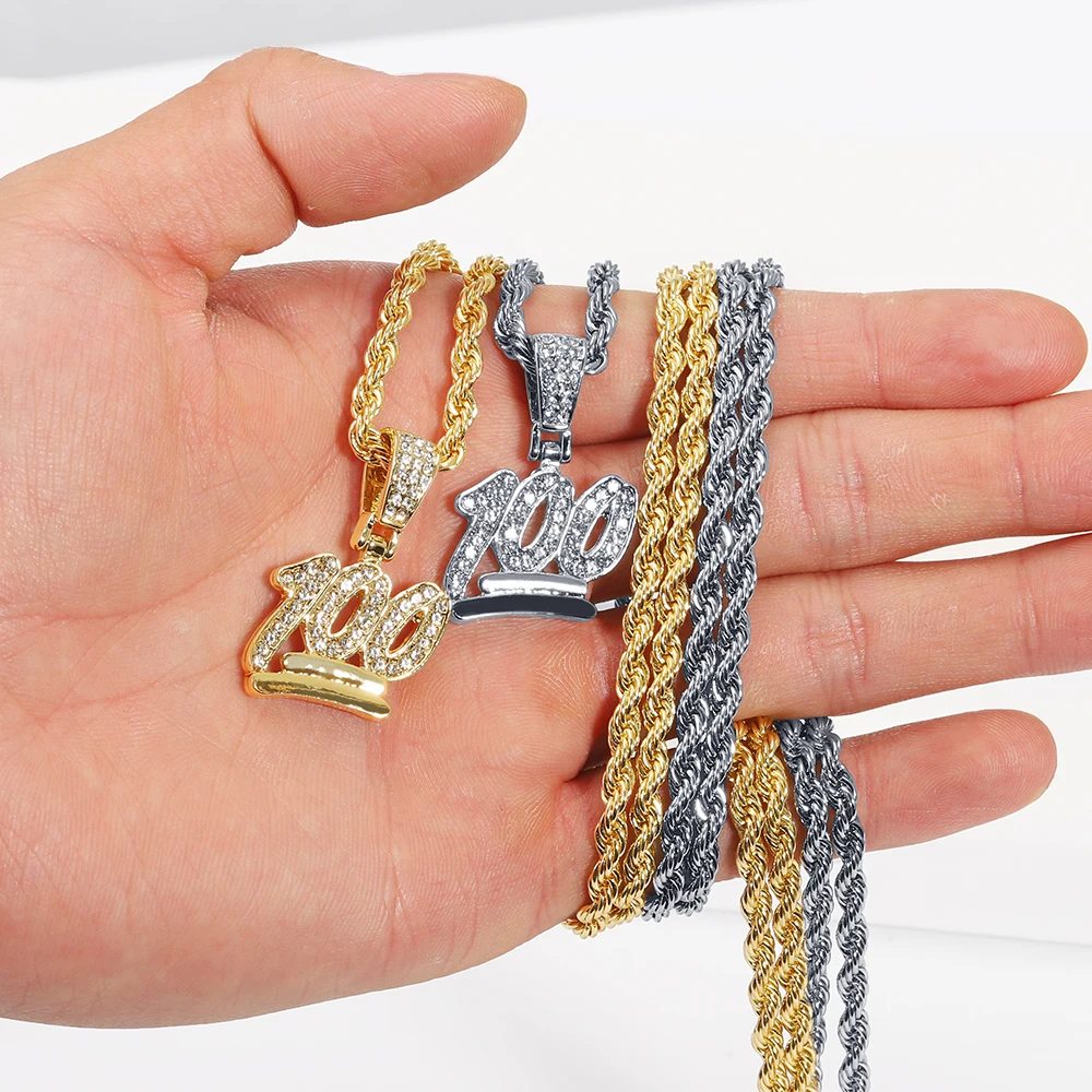 

100 Letter Iced Out Chain Pendant Necklace With 4mm Zicron Tennis Cuban Link Chain Necklace for Men Women cadenas para hombre