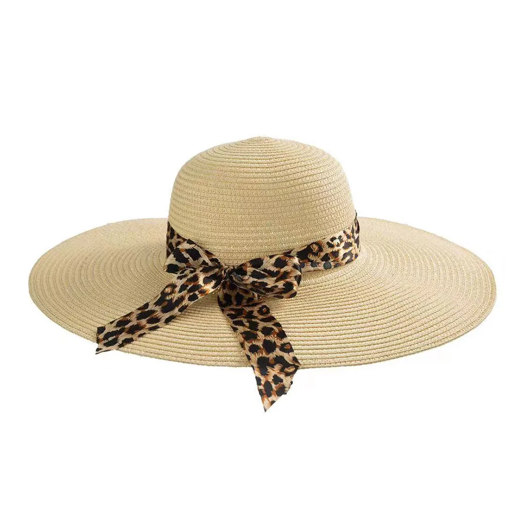 

Ladies Summer Seaside Beach Sunscreen Leisure Breathable Foldable Linen Blend Wide-Sided Dome Shade Belt Adjustable Leopard Bow