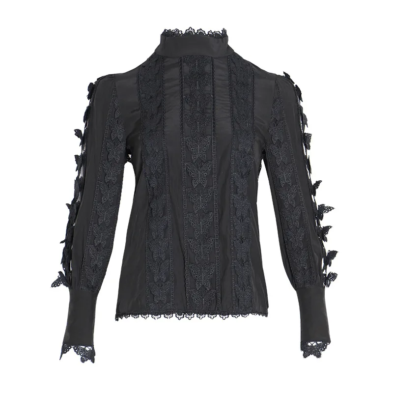 2019 Autumn Elegant Womens White Shirts Blouse Stand Collar Long Sleeve Patchwork Lace Tops Female Clother |