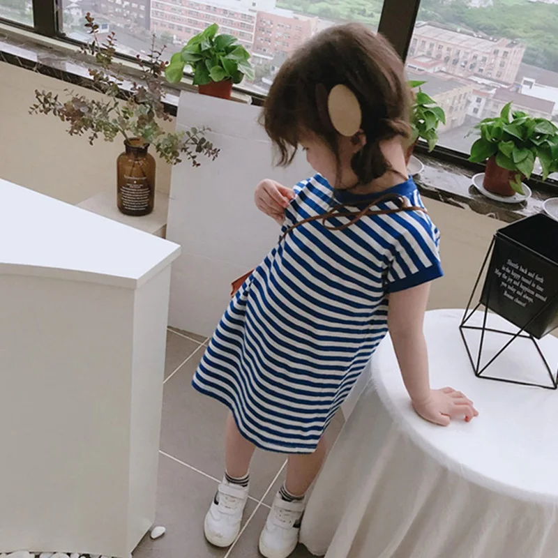 Новые летние платья для девочек повседневное темно-синее платье-футболка в